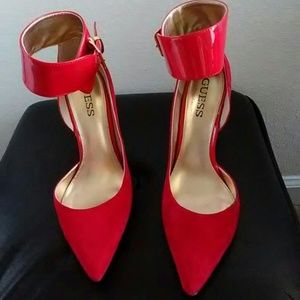 Guess Red multi-suede ankle strap heels( used)